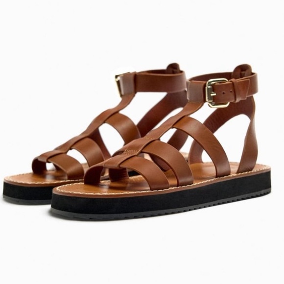 ZARA TAN LEATHER FISHERMAN SANDALS  SZ. 7 - Picture 2 of 6